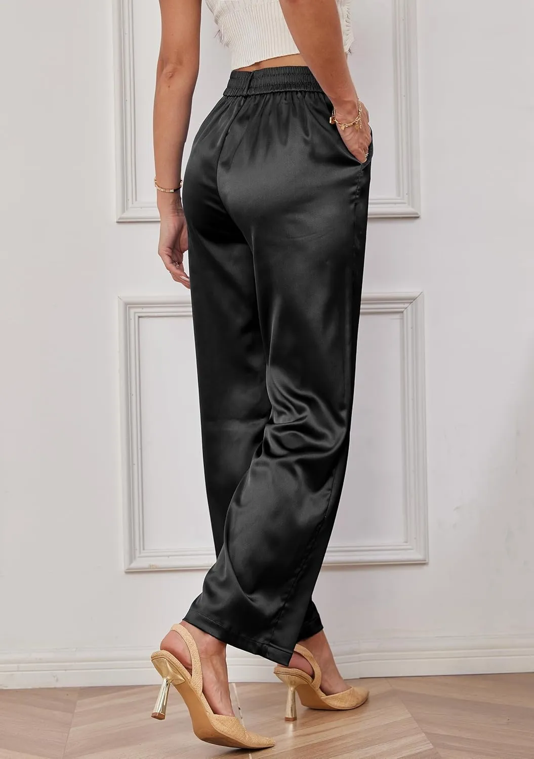 heipeiwa Women's Wide Leg Wedding Party Satin Casual Dress Nightout Pants Long Trouser
