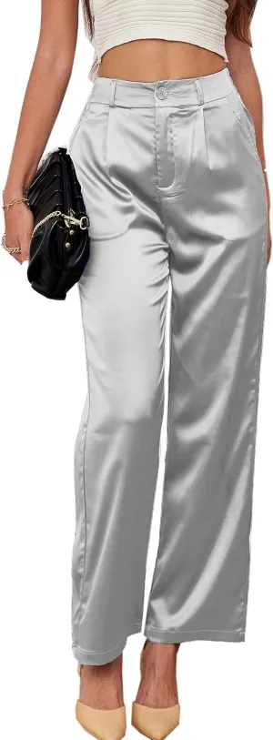 heipeiwa Women's Wide Leg Wedding Party Satin Casual Dress Nightout Pants Long Trouser