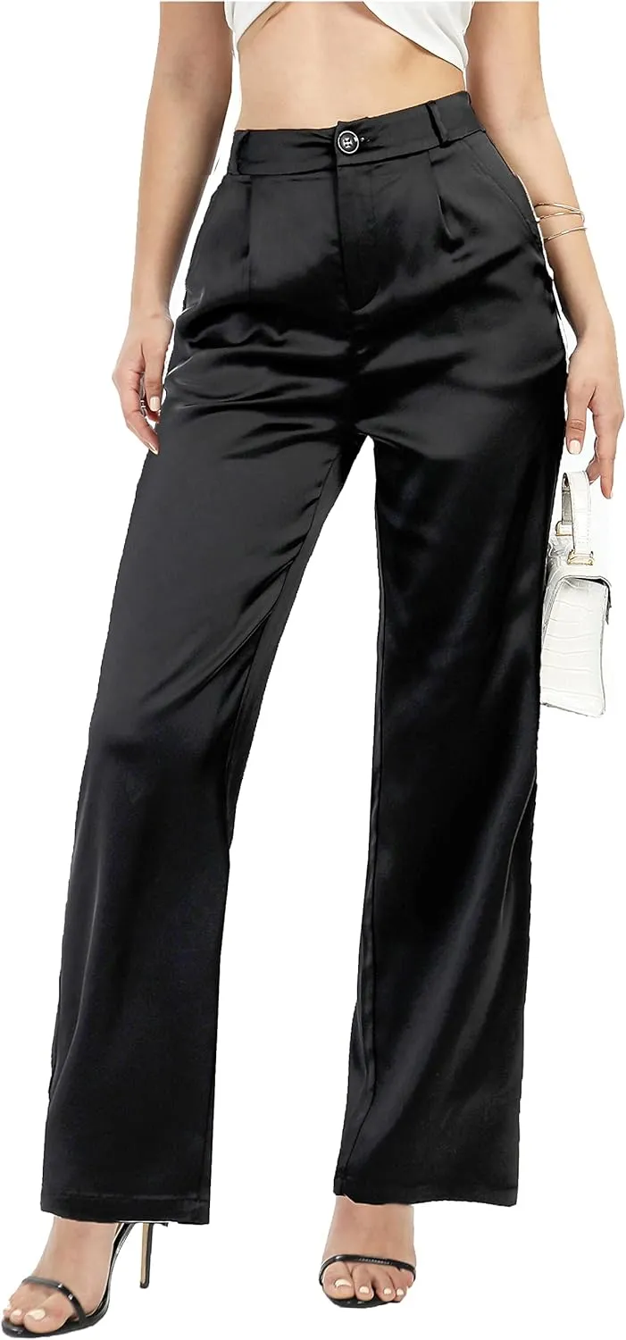 heipeiwa Women's Wide Leg Wedding Party Satin Casual Dress Nightout Pants Long Trouser