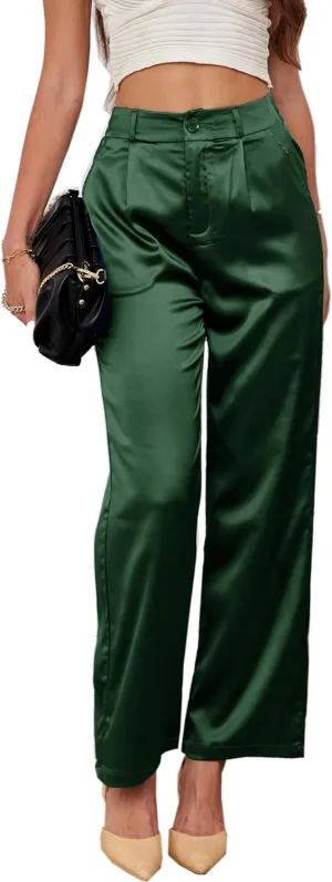 heipeiwa Women's Wide Leg Wedding Party Satin Casual Dress Nightout Pants Long Trouser