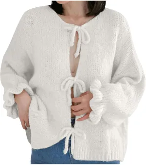 HGps8w Cozy Cardigans for Women Dressy Lace Up Tie Front Sweaters Casual Long Sleeve Solid Chunky Knit Outerwear