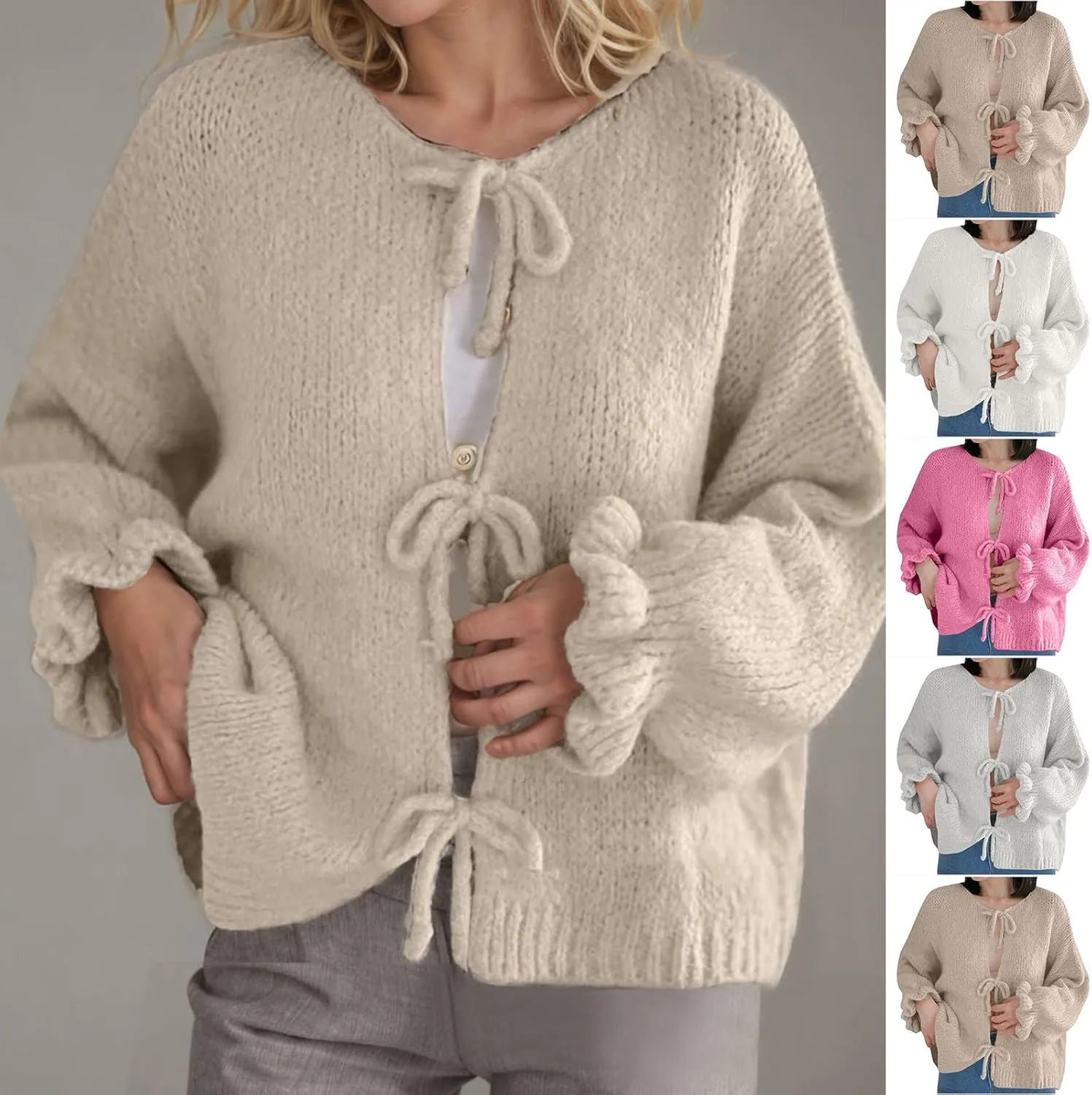 HGps8w Cozy Cardigans for Women Dressy Lace Up Tie Front Sweaters Casual Long Sleeve Solid Chunky Knit Outerwear