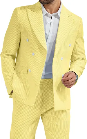 High-End Suits Men's Seersucker Suits 2 Piece Casual Summer Beach Wedding Prom Suit Yellow Prom Striped Blazer Pants Set L
