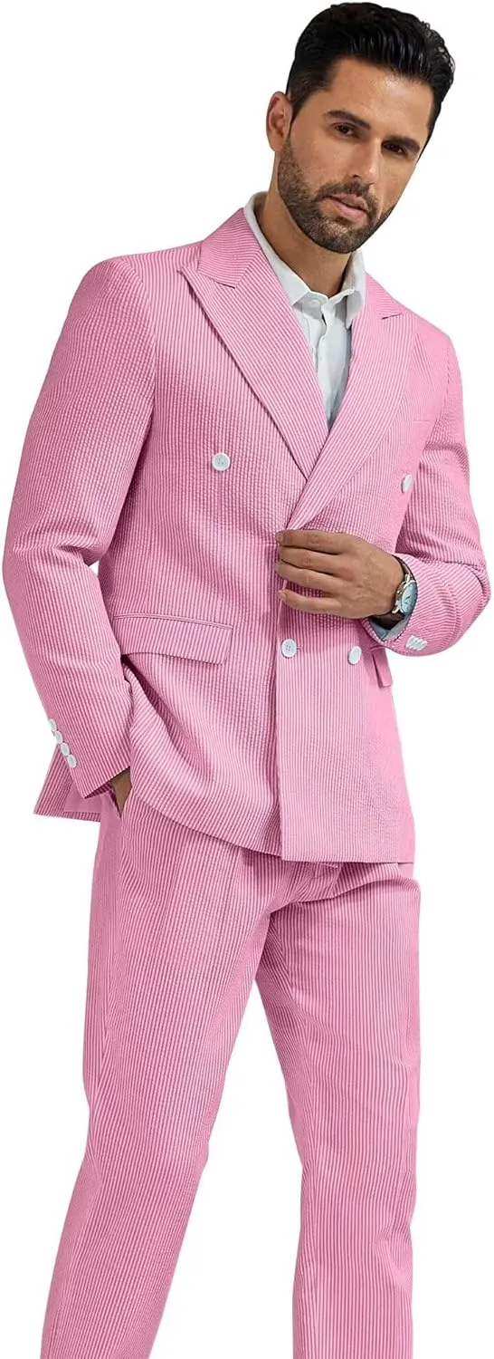 High-End Suits Men's Striped Seersucker Suits 2 Piece Slim Fit Wedding Double Breasted Tuxedo Summer Beach Suits Sets
