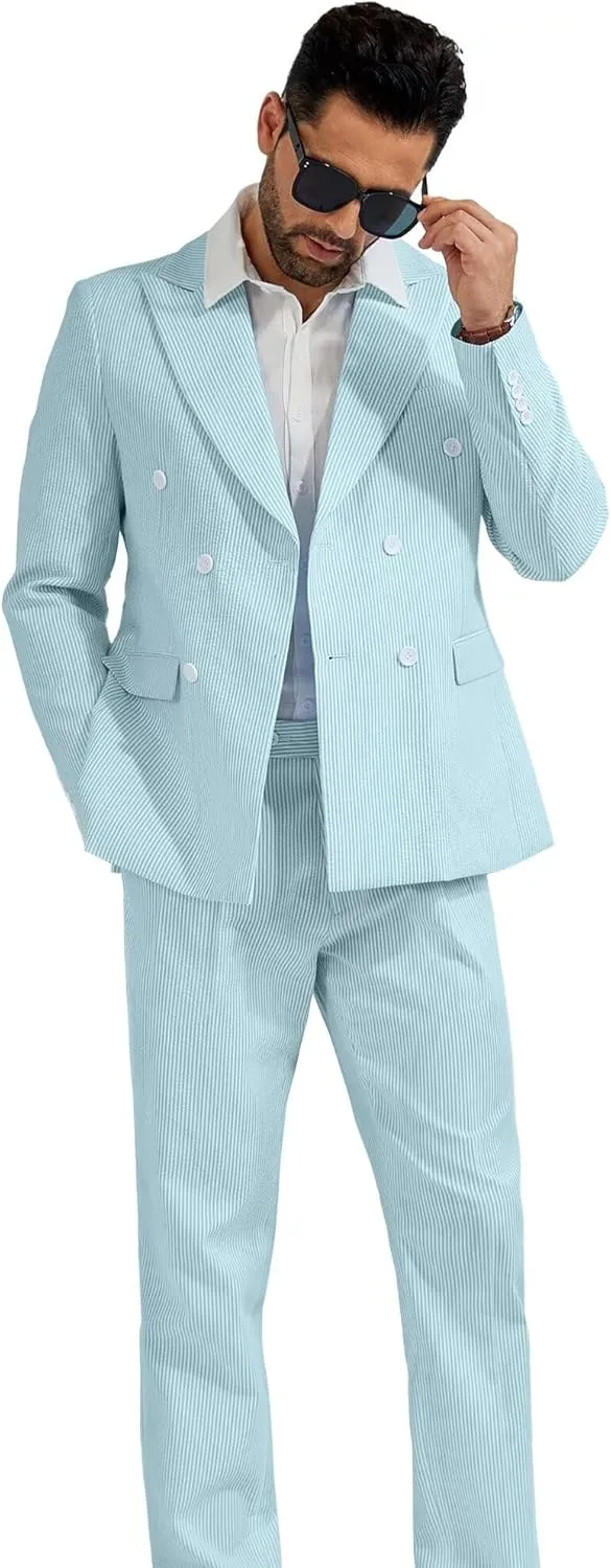 High-End Suits Men's Striped Seersucker Suits 2 Piece Slim Fit Wedding Double Breasted Tuxedo Summer Beach Suits Sets