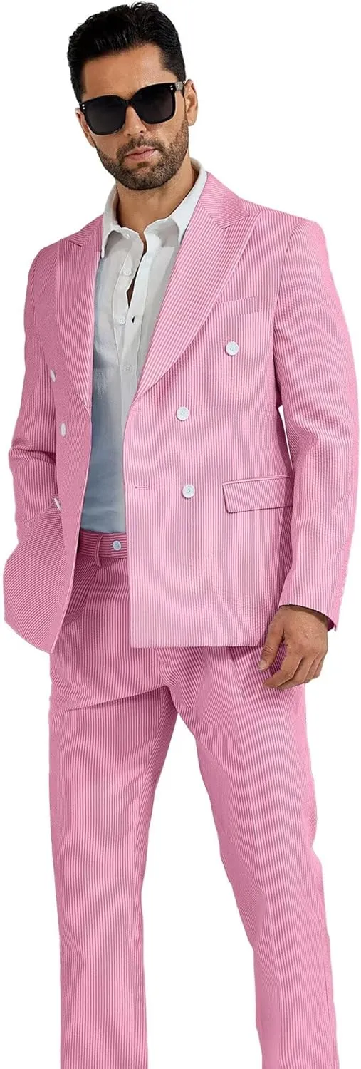 High-End Suits Men's Striped Seersucker Suits 2 Piece Slim Fit Wedding Double Breasted Tuxedo Summer Beach Suits Sets