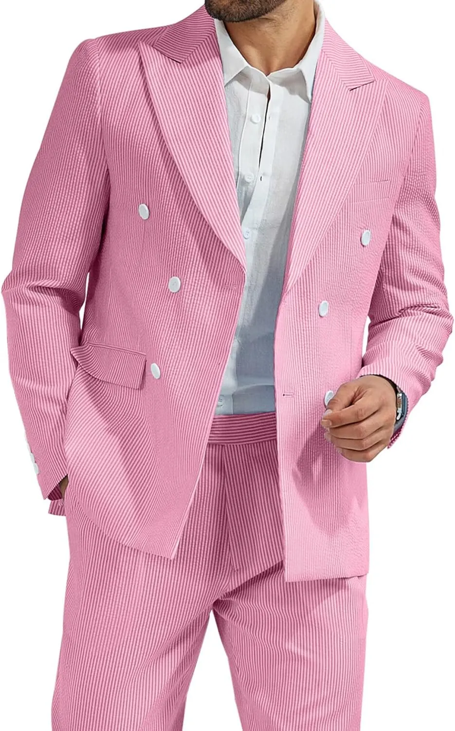 High-End Suits Men's Striped Seersucker Suits 2 Piece Slim Fit Wedding Double Breasted Tuxedo Summer Beach Suits Sets