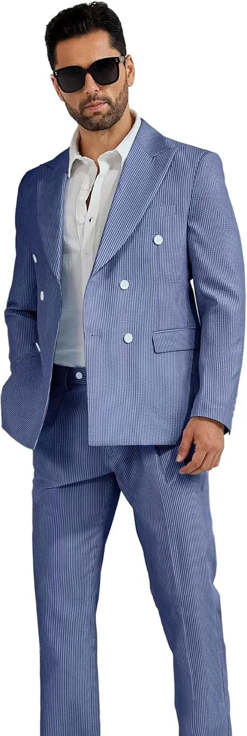 High-End Suits Men's Striped Seersucker Suits 2 Piece Slim Fit Wedding Double Breasted Tuxedo Summer Beach Suits Sets