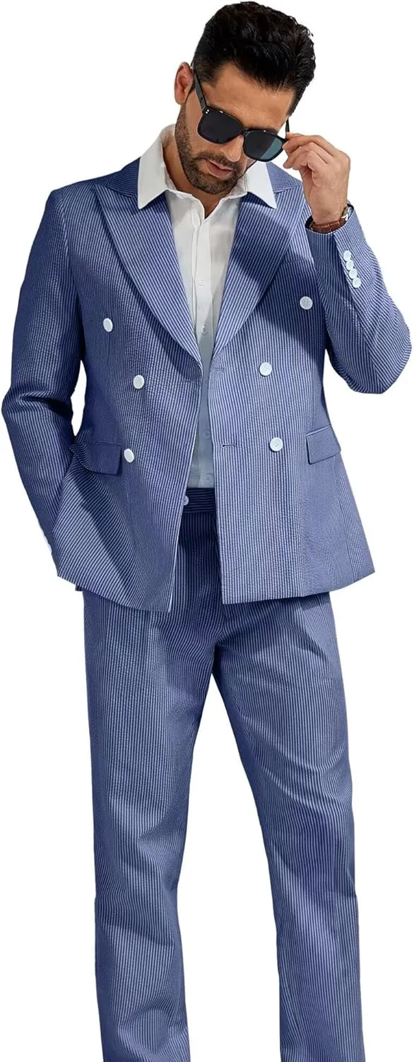 High-End Suits Men's Striped Seersucker Suits 2 Piece Slim Fit Wedding Double Breasted Tuxedo Summer Beach Suits Sets