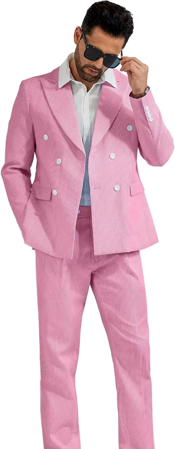 High-End Suits Men's Striped Seersucker Suits 2 Piece Slim Fit Wedding Double Breasted Tuxedo Summer Beach Suits Sets