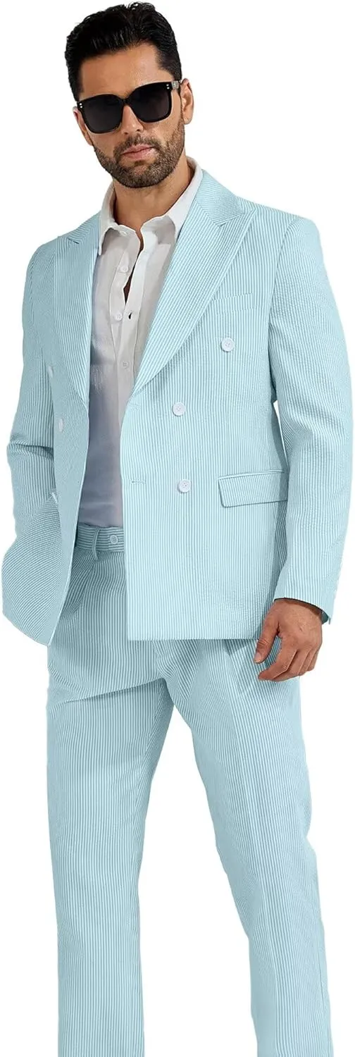 High-End Suits Men's Striped Seersucker Suits 2 Piece Slim Fit Wedding Double Breasted Tuxedo Summer Beach Suits Sets