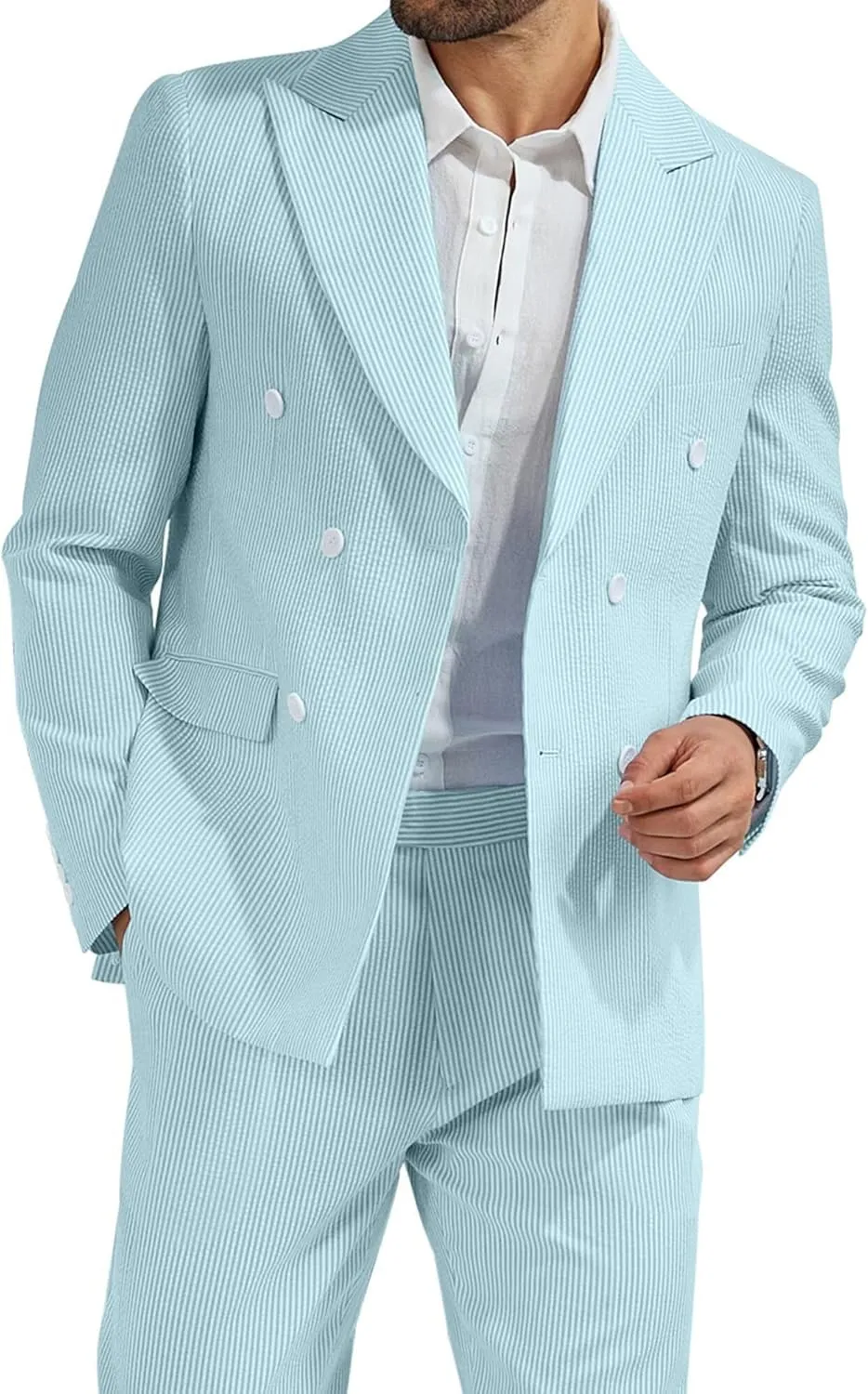 High-End Suits Men's Striped Seersucker Suits 2 Piece Slim Fit Wedding Double Breasted Tuxedo Summer Beach Suits Sets