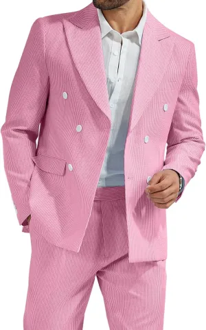 High-End Suits Men's Striped Seersucker Suits 2 Piece Slim Fit Wedding Double Breasted Tuxedo Summer Beach Suits Sets