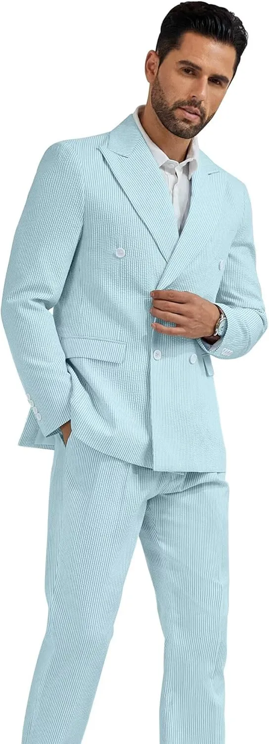 High-End Suits Men's Striped Seersucker Suits 2 Piece Slim Fit Wedding Double Breasted Tuxedo Summer Beach Suits Sets