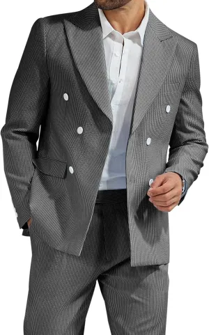 High-End Suits Men's Striped Seersucker Suits 2 Piece Slim Fit Wedding Double Breasted Tuxedo Summer Beach Suits Sets