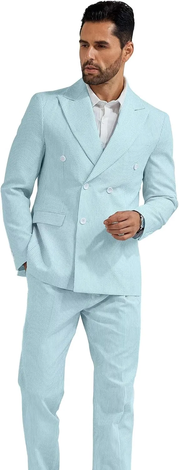 High-End Suits Men's Striped Seersucker Suits 2 Piece Slim Fit Wedding Double Breasted Tuxedo Summer Beach Suits Sets