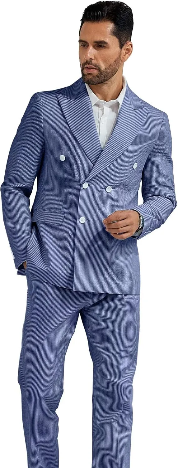 High-End Suits Men's Striped Seersucker Suits 2 Piece Slim Fit Wedding Double Breasted Tuxedo Summer Beach Suits Sets