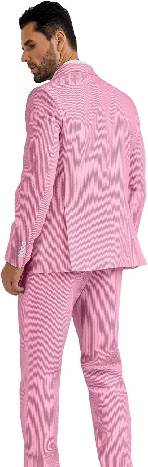 High-End Suits Men's Striped Seersucker Suits 2 Piece Slim Fit Wedding Double Breasted Tuxedo Summer Beach Suits Sets