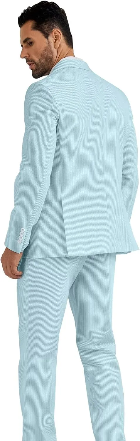 High-End Suits Men's Striped Seersucker Suits 2 Piece Slim Fit Wedding Double Breasted Tuxedo Summer Beach Suits Sets