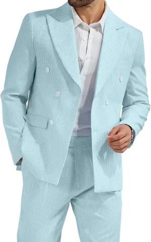 High-End Suits Men's Striped Seersucker Suits 2 Piece Slim Fit Wedding Double Breasted Tuxedo Summer Beach Suits Sets