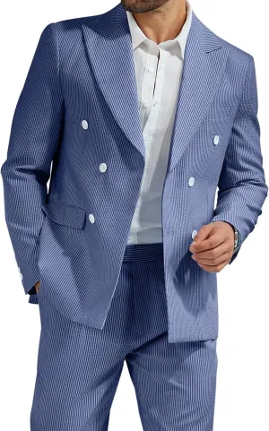 High-End Suits Men's Striped Seersucker Suits 2 Piece Slim Fit Wedding Double Breasted Tuxedo Summer Beach Suits Sets