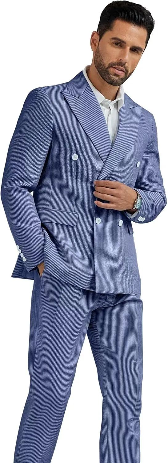 High-End Suits Men's Striped Seersucker Suits 2 Piece Slim Fit Wedding Double Breasted Tuxedo Summer Beach Suits Sets
