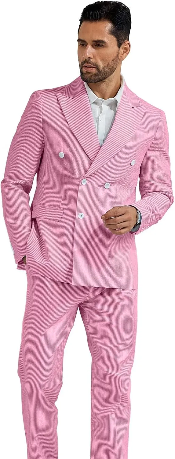High-End Suits Men's Striped Seersucker Suits 2 Piece Slim Fit Wedding Double Breasted Tuxedo Summer Beach Suits Sets