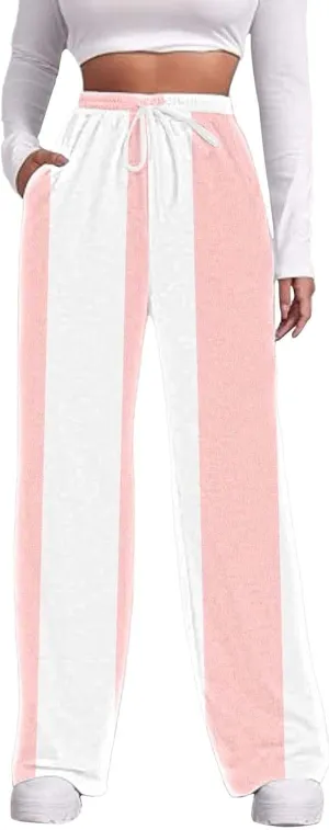 High Waisted Color Block Straight Leg Pants Printed Drawstring Baggy Trousers with Pockets Elastic Waisted Pants Women