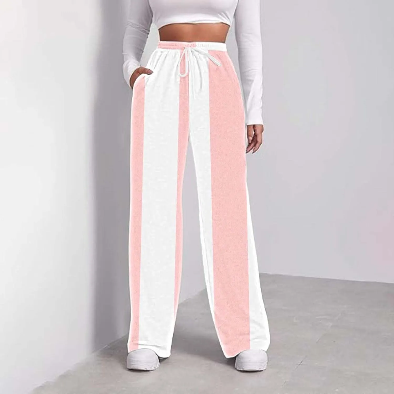 High Waisted Color Block Straight Leg Pants Printed Drawstring Baggy Trousers with Pockets Elastic Waisted Pants Women