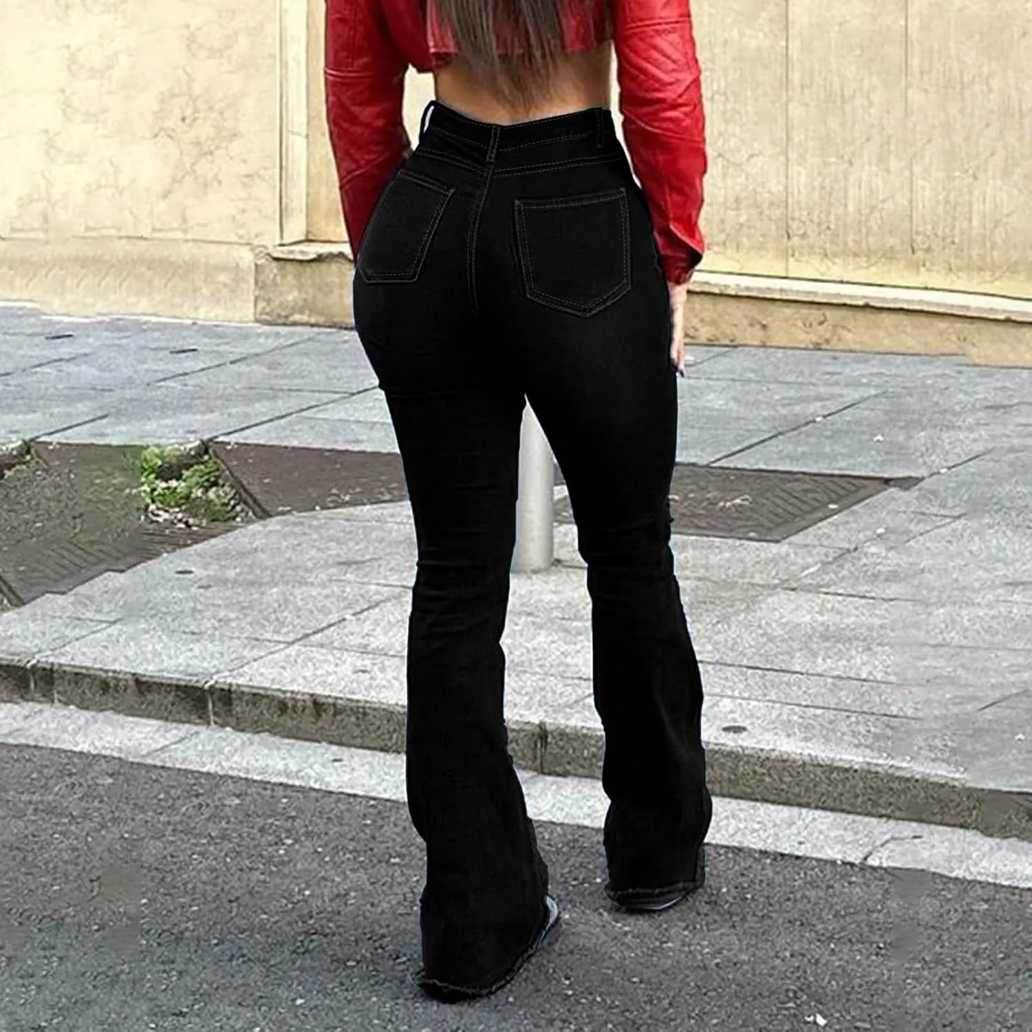 High Waisted Flare Jeans for Women Stretchy Curvy Bell Bottom Jeans Raw Hem Distressed Denim Pants with Pockets