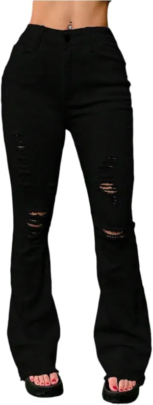 High Waisted Flare Jeans for Women Stretchy Curvy Bell Bottom Jeans Raw Hem Distressed Denim Pants with Pockets