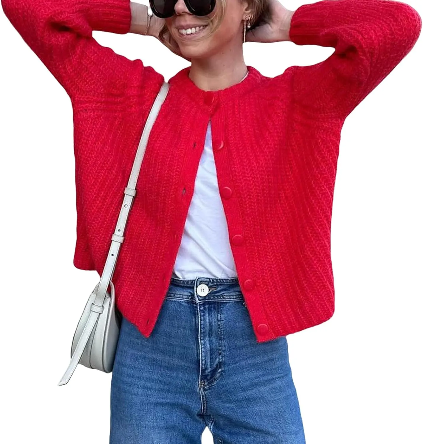 HOTIAN Women's Chunky Knit Cardigan Sweater 2025 Long Sleeve Button Down Cropped Cardigan Outwear Spring Autumn