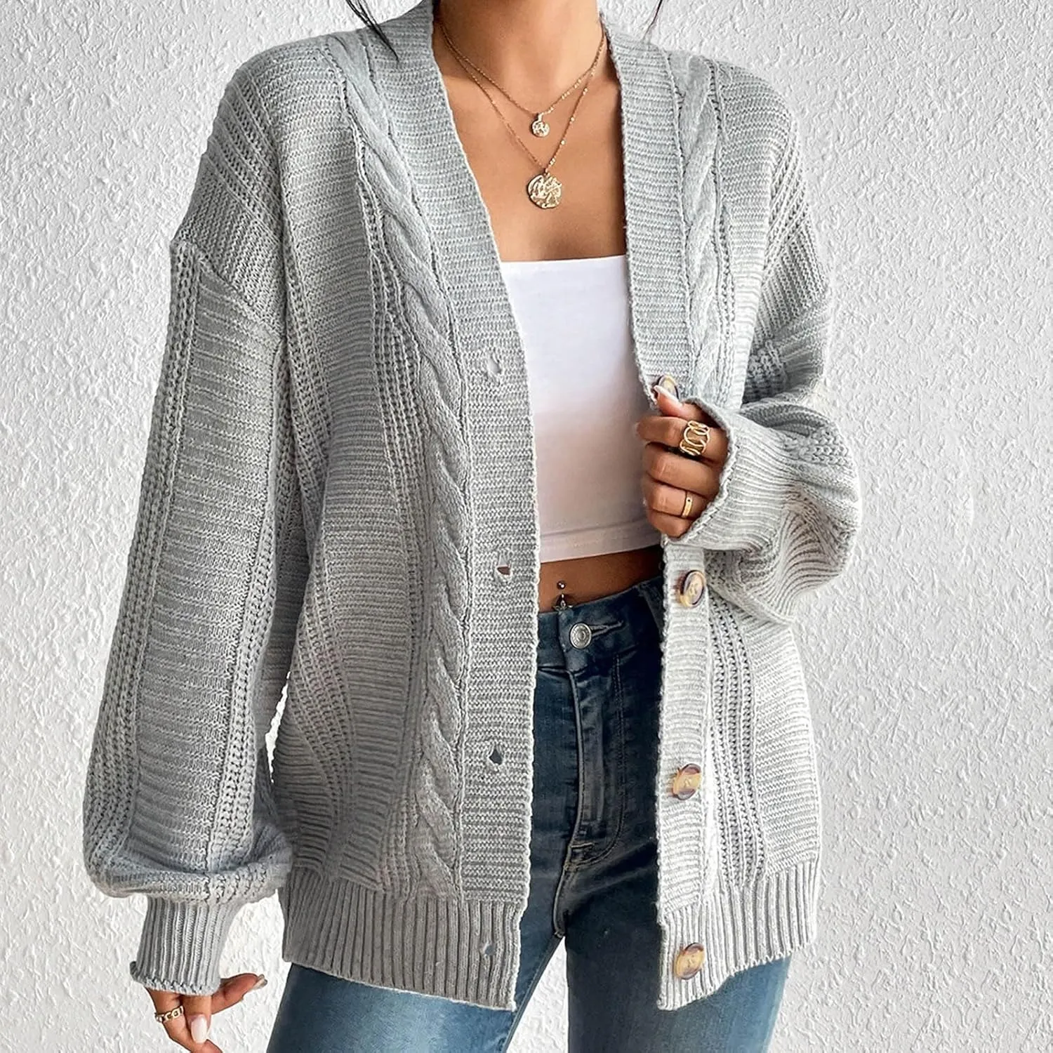 iLH Cardigan Sweaters for Women Open Front Cable Knit Sweater Chunky Crochet Outwear Coats Button down Fall Jackets