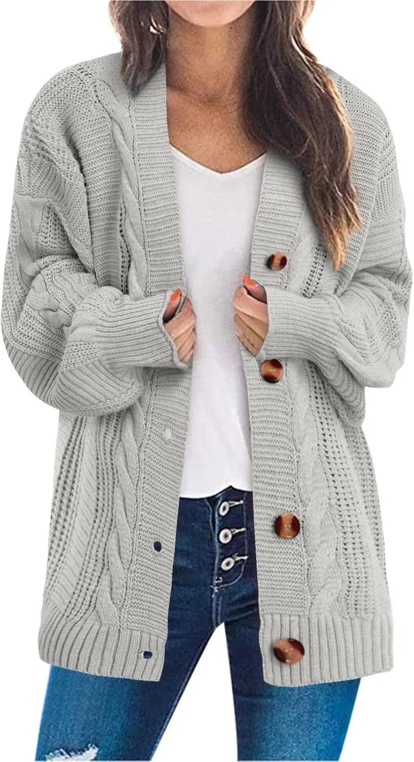 iLH Cardigan Sweaters for Women Open Front Cable Knit Sweater Chunky Crochet Outwear Coats Button down Fall Jackets