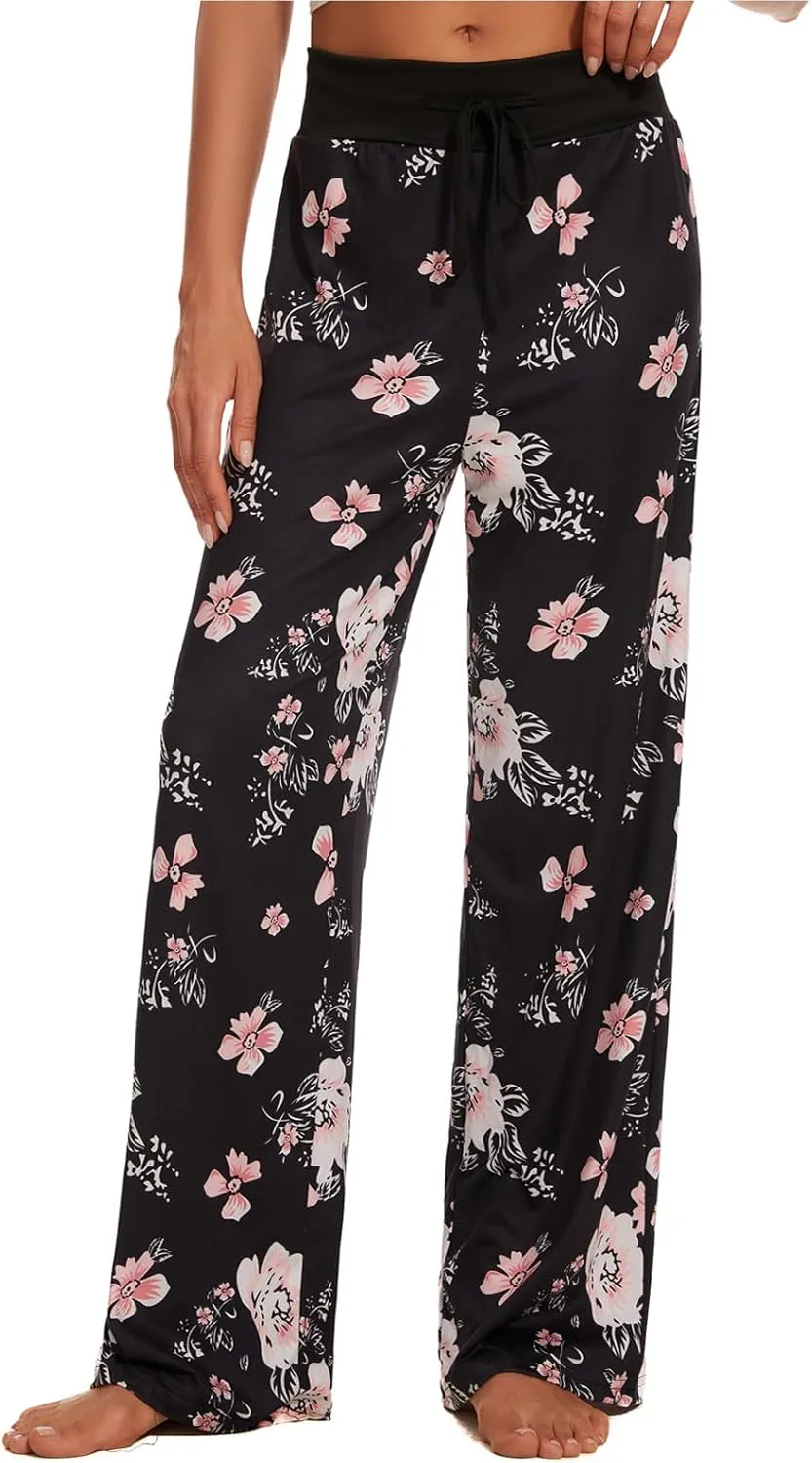 iniber Women's Comfy Pajama Pants Casual Lounge Pant Wide Leg Palazzo Stretch Drawstring Bottoms