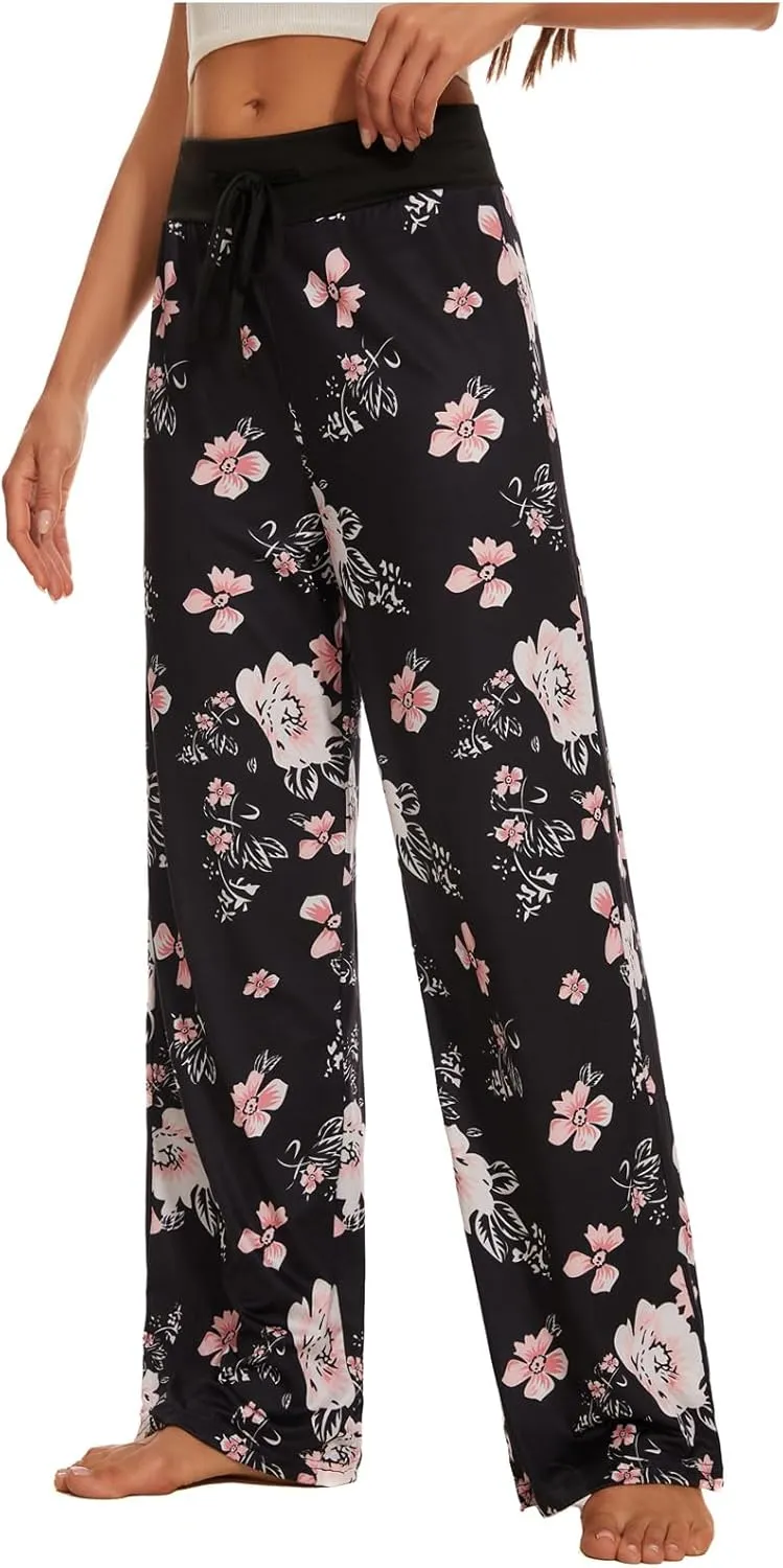 iniber Women's Comfy Pajama Pants Casual Lounge Pant Wide Leg Palazzo Stretch Drawstring Bottoms