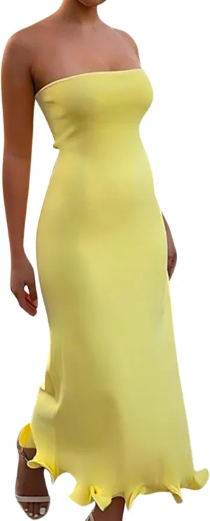 ISZPLUSH Women's Sexy Bodycon Tube Strapless Dress Y2K Ruffle Hem Trim Irregular Long Dress Going Out Tube Outfit