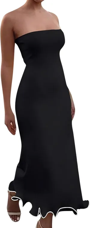 ISZPLUSH Women's Sexy Bodycon Tube Strapless Dress Y2K Ruffle Hem Trim Irregular Long Dress Going Out Tube Outfit