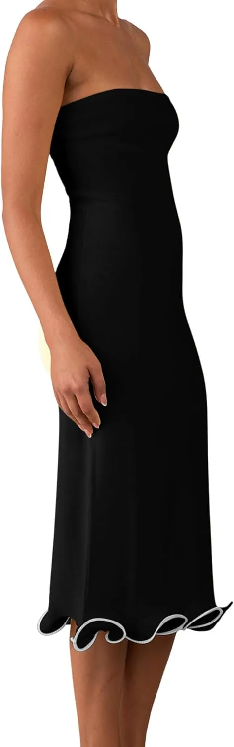 ISZPLUSH Women's Sexy Bodycon Tube Strapless Dress Y2K Ruffle Hem Trim Irregular Long Dress Going Out Tube Outfit