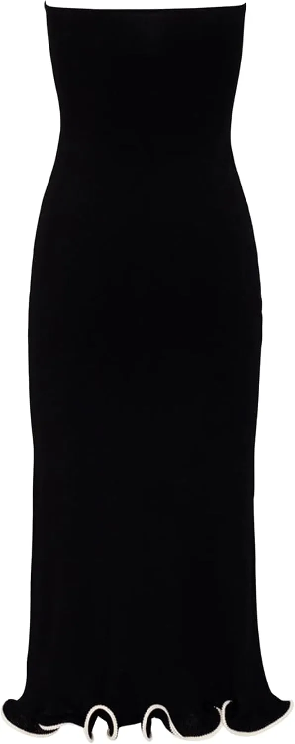 ISZPLUSH Women's Sexy Bodycon Tube Strapless Dress Y2K Ruffle Hem Trim Irregular Long Dress Going Out Tube Outfit