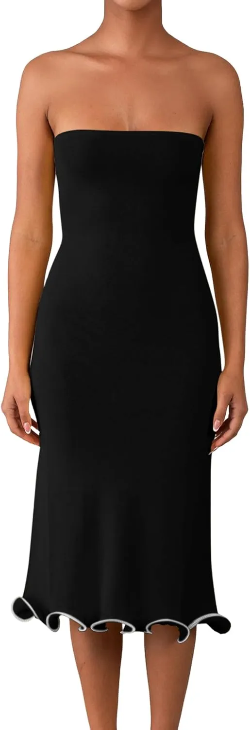 ISZPLUSH Women's Sexy Bodycon Tube Strapless Dress Y2K Ruffle Hem Trim Irregular Long Dress Going Out Tube Outfit