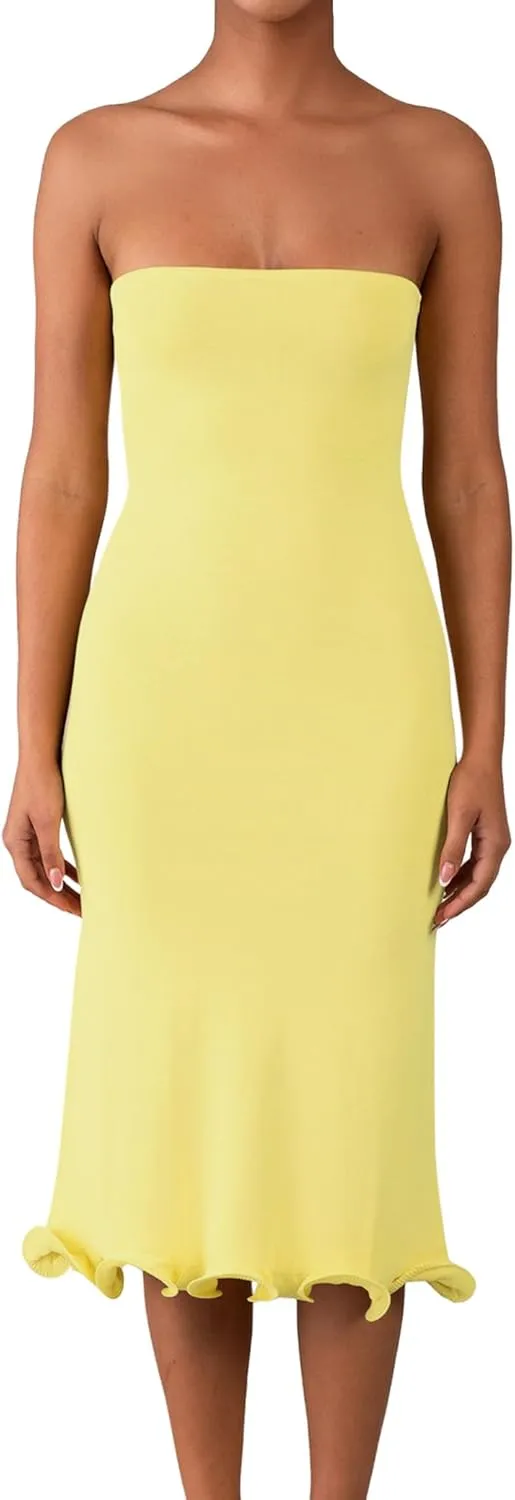 ISZPLUSH Women's Sexy Bodycon Tube Strapless Dress Y2K Ruffle Hem Trim Irregular Long Dress Going Out Tube Outfit