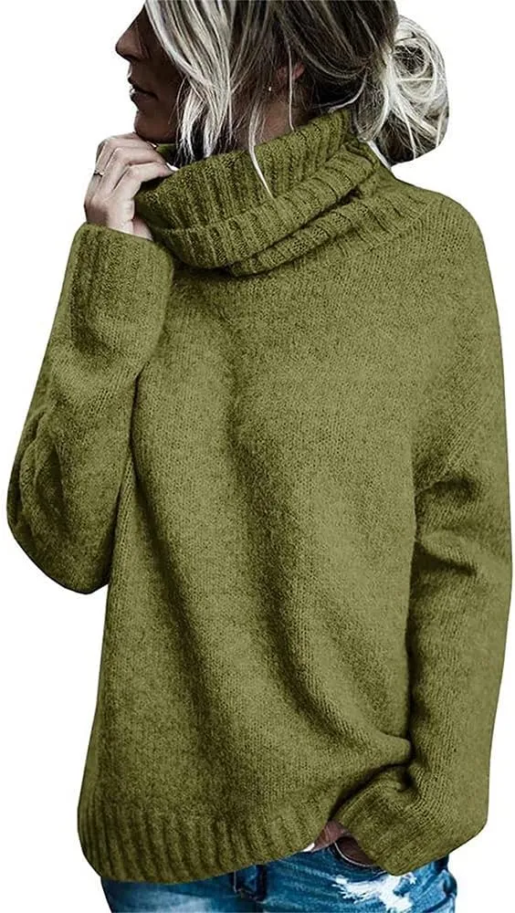 Janepam Womens Sweater Jumper Turtleneck Solid Color Plain Knitted Tops Oversized Cut-Out Side Hem Slit Pullover Knitwear