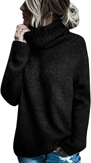 Janepam Womens Sweater Jumper Turtleneck Solid Color Plain Knitted Tops Oversized Cut-Out Side Hem Slit Pullover Knitwear