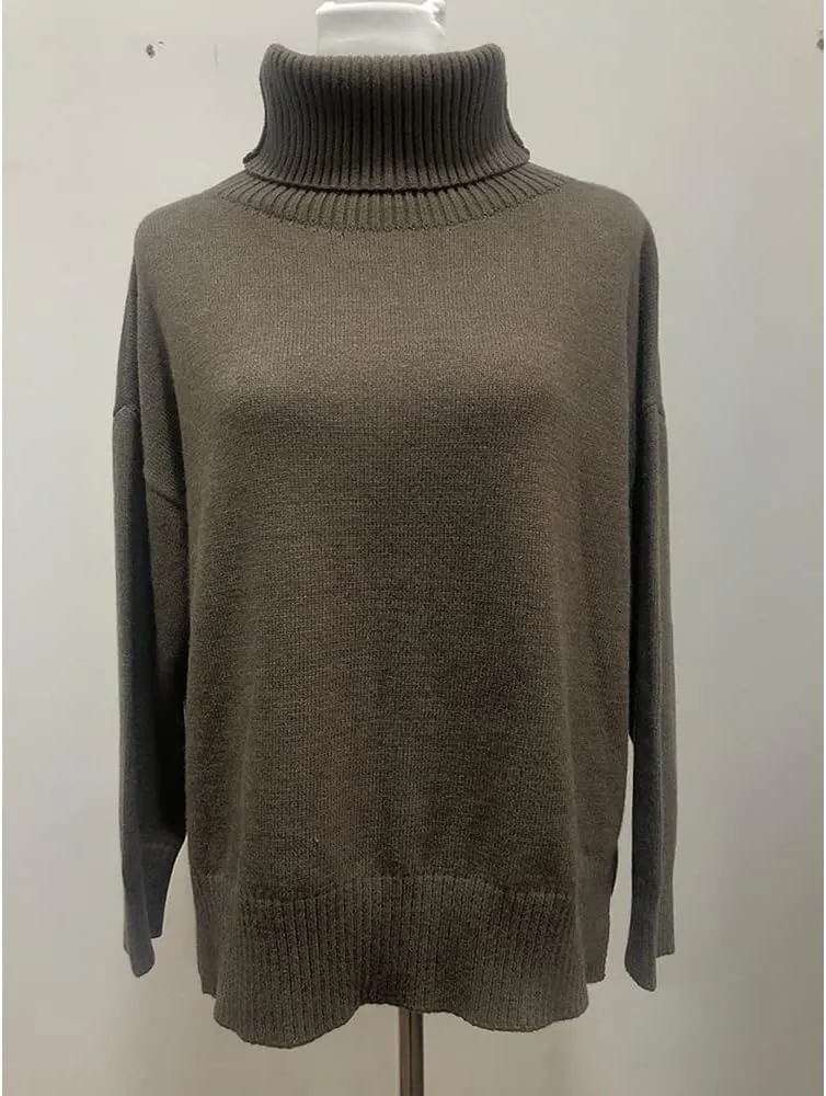 Janepam Womens Sweater Jumper Turtleneck Solid Color Plain Knitted Tops Oversized Cut-Out Side Hem Slit Pullover Knitwear