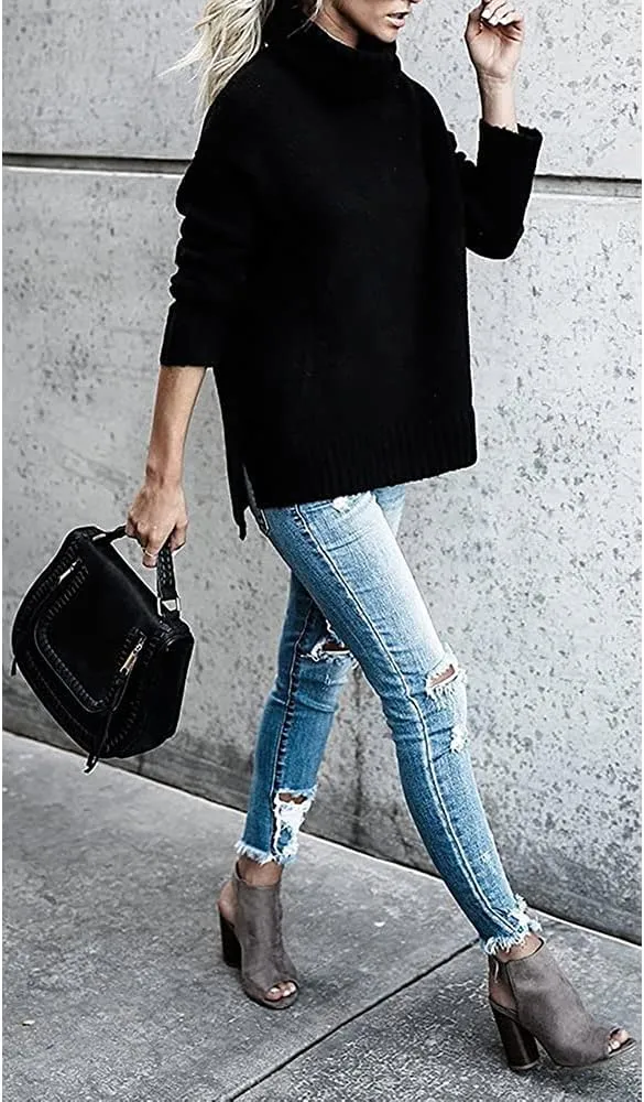 Janepam Womens Sweater Jumper Turtleneck Solid Color Plain Knitted Tops Oversized Cut-Out Side Hem Slit Pullover Knitwear