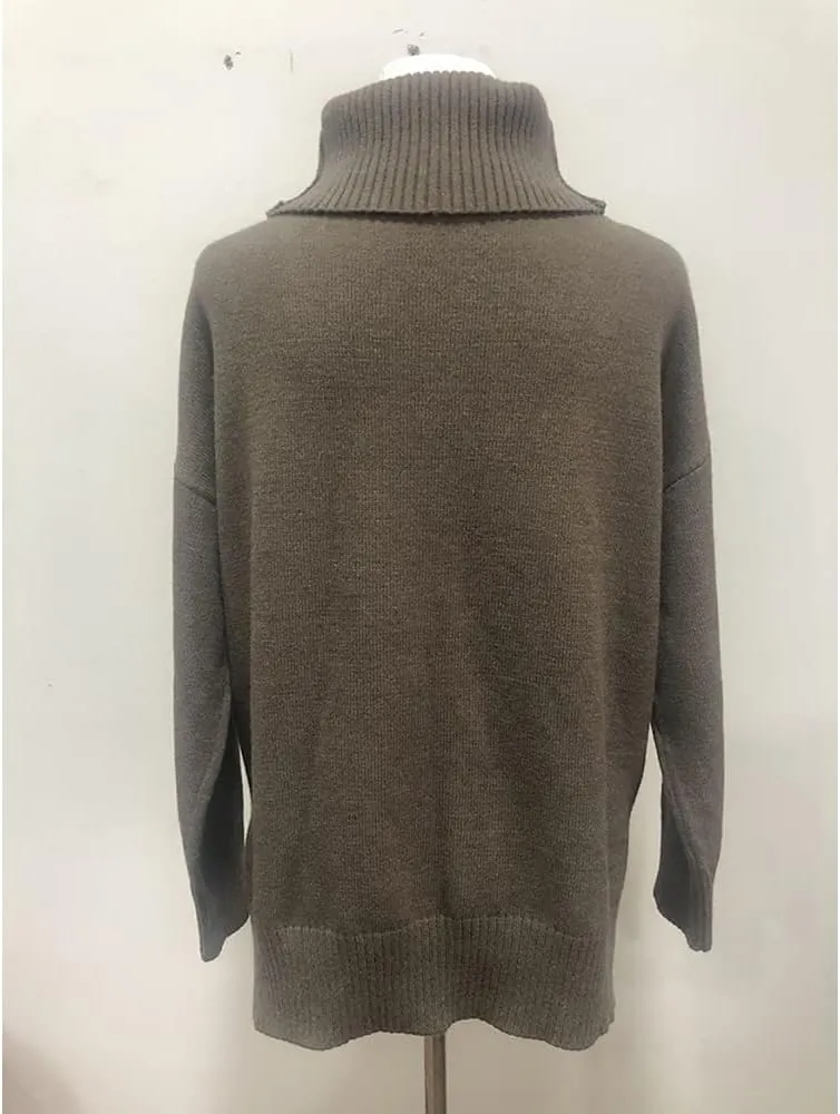 Janepam Womens Sweater Jumper Turtleneck Solid Color Plain Knitted Tops Oversized Cut-Out Side Hem Slit Pullover Knitwear