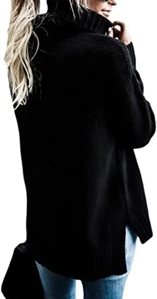 Janepam Womens Sweater Jumper Turtleneck Solid Color Plain Knitted Tops Oversized Cut-Out Side Hem Slit Pullover Knitwear