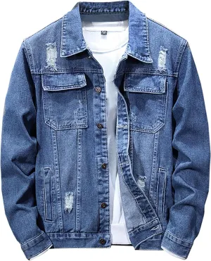 Jean Jackets for Men, Classic Trucker Slim Fit Casual Distressed Destroyed Denim Jackets, Motorcycle Denim Jackets