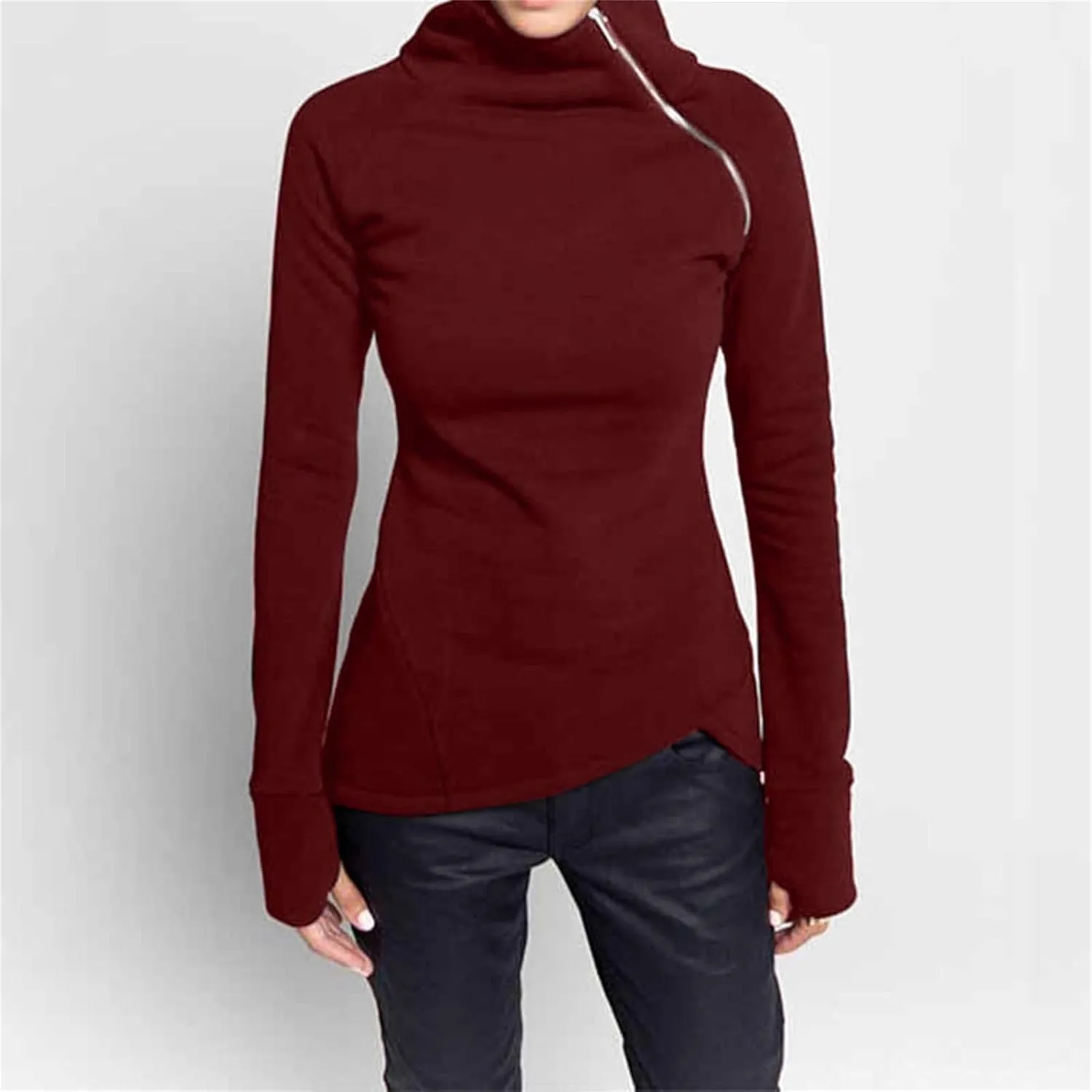 JEsilunmaMY Slim Fit Turtleneck Sweatshirt for Women Zip Irregular Hem Pullover with Thumb Hole Casual Mock Neck Sweater Tops